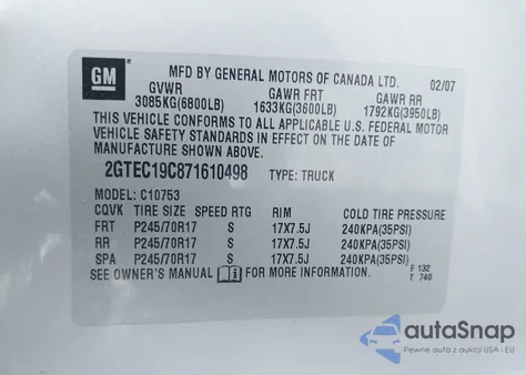 2007 GMC Sierra 1500 Sle1 из США, поврежденный, VIN 2GTEC19C871610498